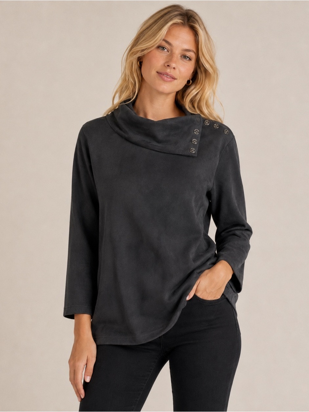 J. Mclaughlin Black Suede Top Button Collar A-Line Comfy Chic Artsy Size XL